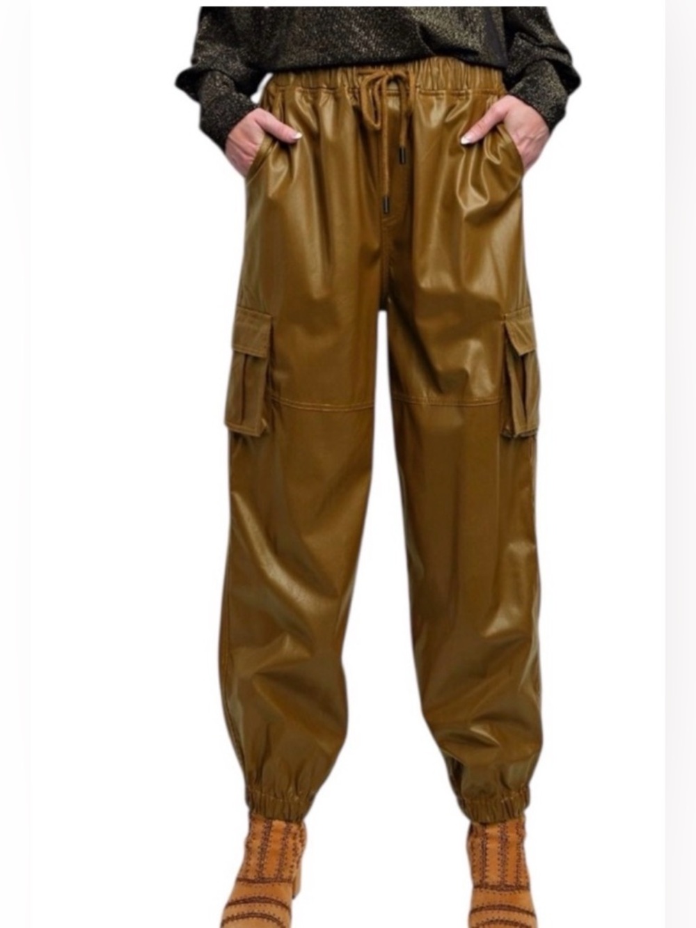 COMING SOON Faux Leather Dark Camel Cargo Pants/Joggers